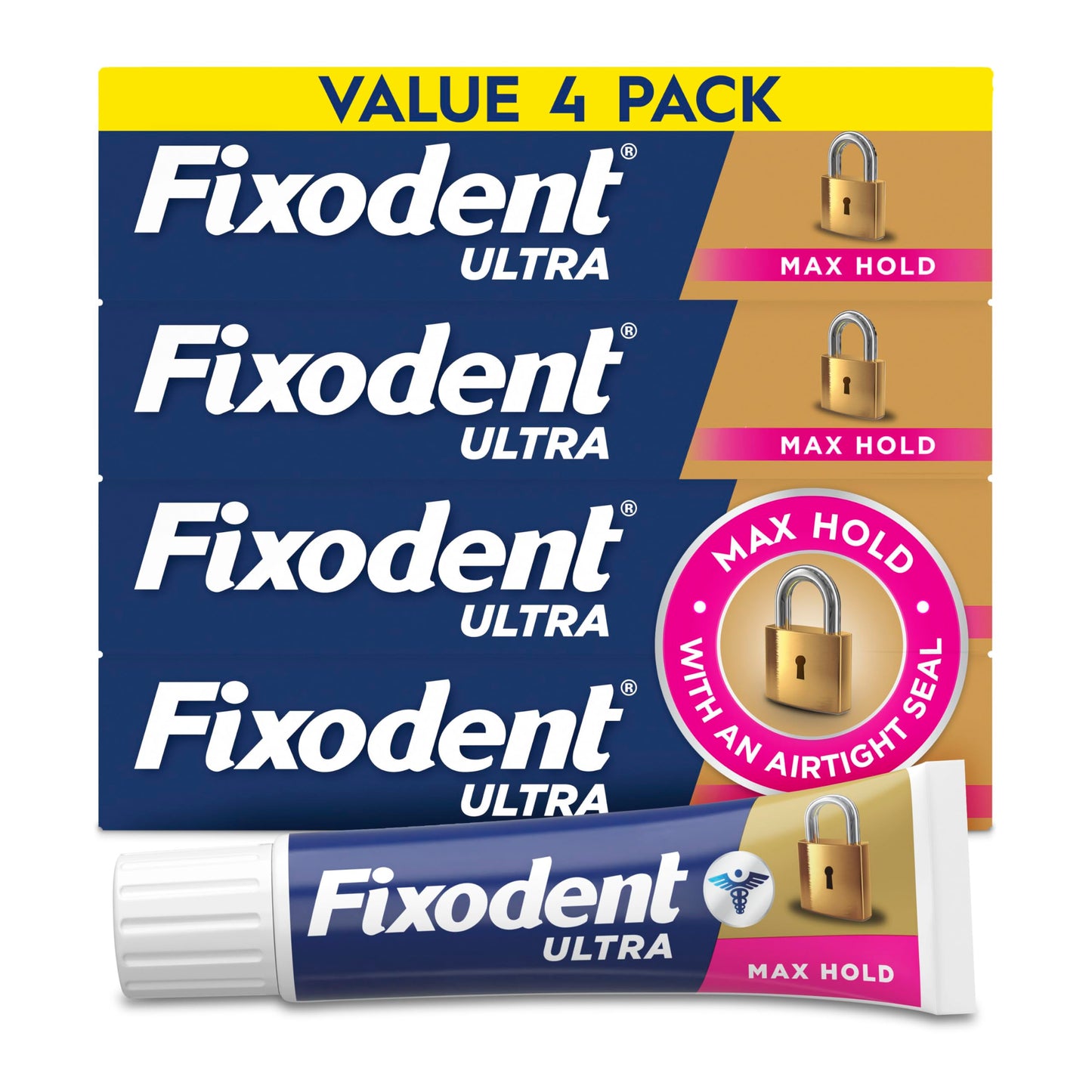 Fixodent Ultra Max Hold Denture Adhesive Cream, 2.2 oz (4-Pack) – Strong False Teeth Glue and Secure Dental Adhesive for Full