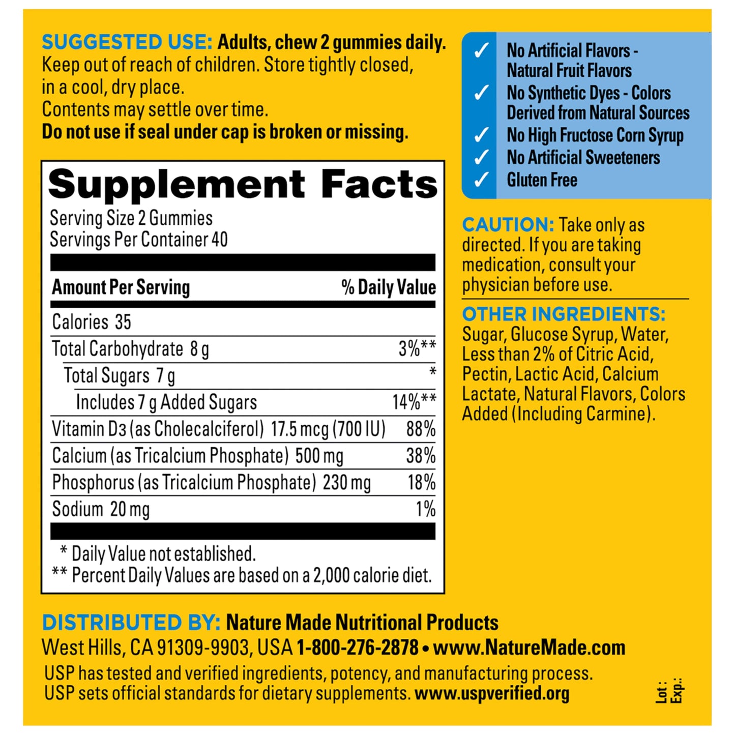 Nature Made Calcium Gummies 500 mg Per Serving with Vitamin D3, Dietary Calcium Supplement for Bone Support, 80 Gummies, 40 Day Supply