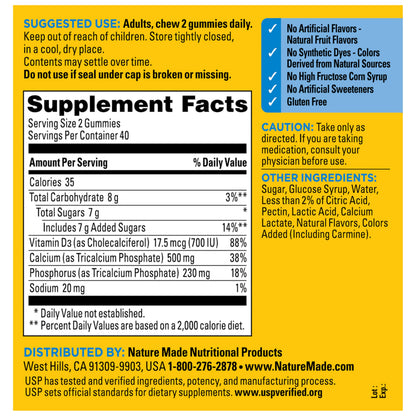 Nature Made Calcium Gummies 500 mg Per Serving with Vitamin D3, Dietary Calcium Supplement for Bone Support, 80 Gummies, 40 Day Supply
