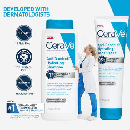 CeraVe Hydrating Anti Dandruff Shampoo, 1% Pyrithione Zinc Dandruff Treatment With Ceramides, Niacinamide & Hyaluronic Acid, Helps Eliminate Flakes