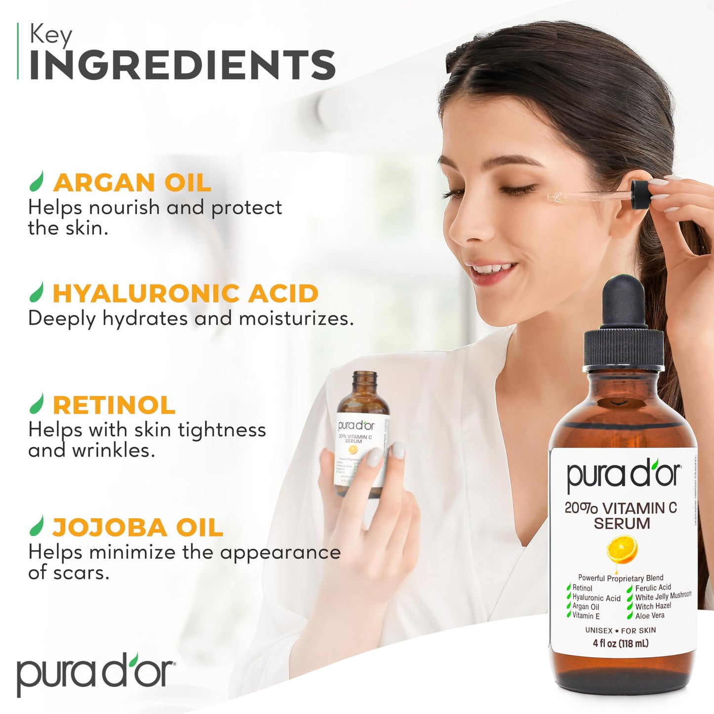 PURA D'OR 20% Vitamin C Facial Serum 4 Oz Antioxidant Blend w/Retinol, Hyaluronic Acid, Vitamin E, Ferulic Acid - Hydrating Lightweight Skincare Formula