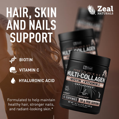 Zeal Naturals Multi Collagen Protein Peptides Powder Types I II III V X - Vitamin C, Biotin & Hyaluronic Acid - Hair, Skin & Nails - Marine, Bovine,