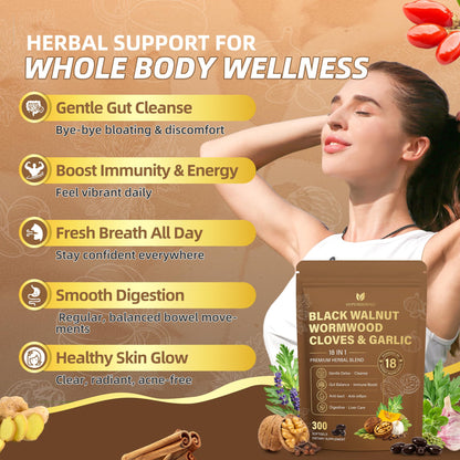 18-in-1 Wormwood Black Walnut Clove Parasite Cleanse, Herbal Blend with Garlic, Turmeric, Pumpkin Seed, Oregano & Berberine, Gut Health & Antioxidant Balance