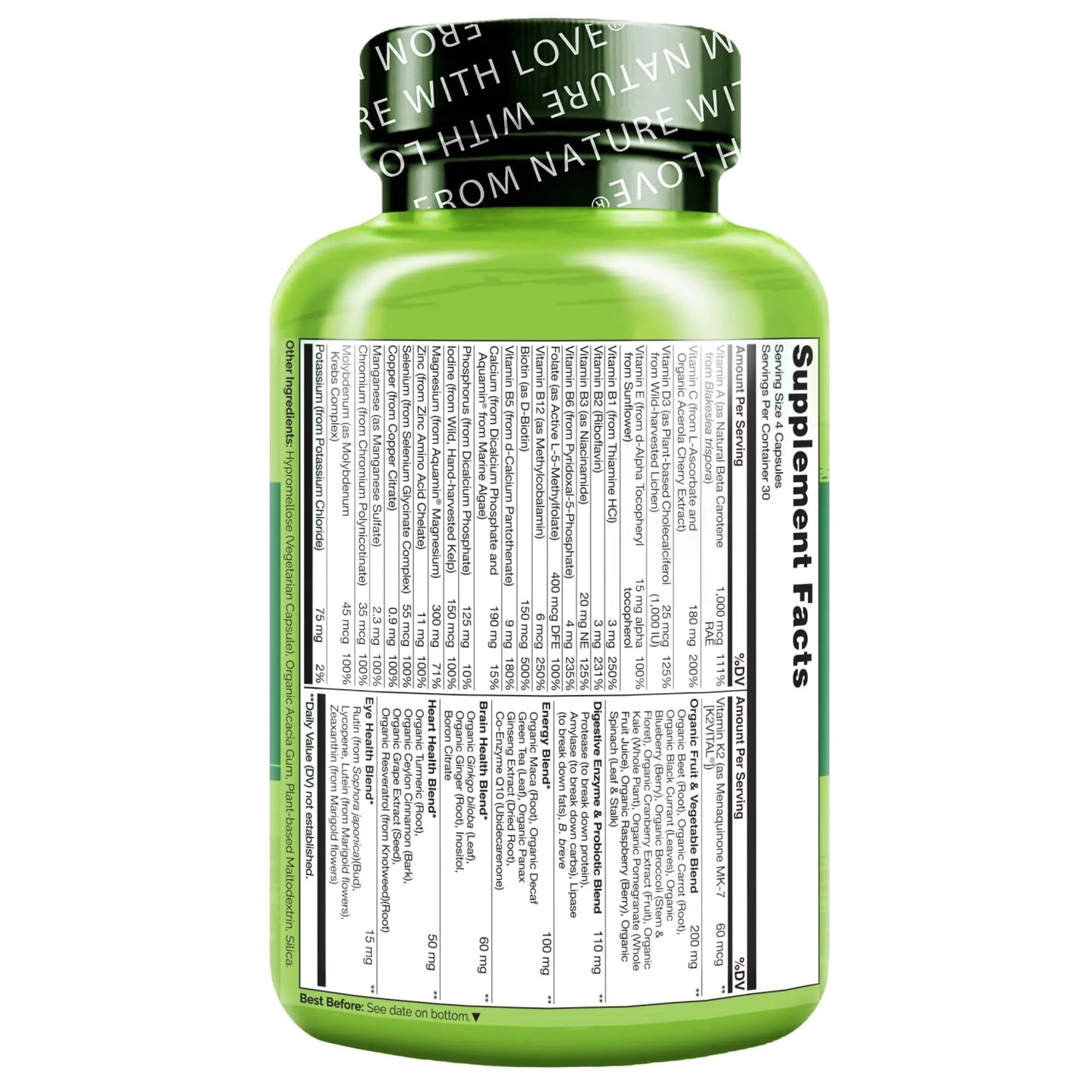 NATURELO Mens Multivitamins - Whole Food Multivitamin for Men with Vitamins, Minerals - 120 Vegetarian Capsules for Energy, Brain, Heart, Eye Health* NATURELO