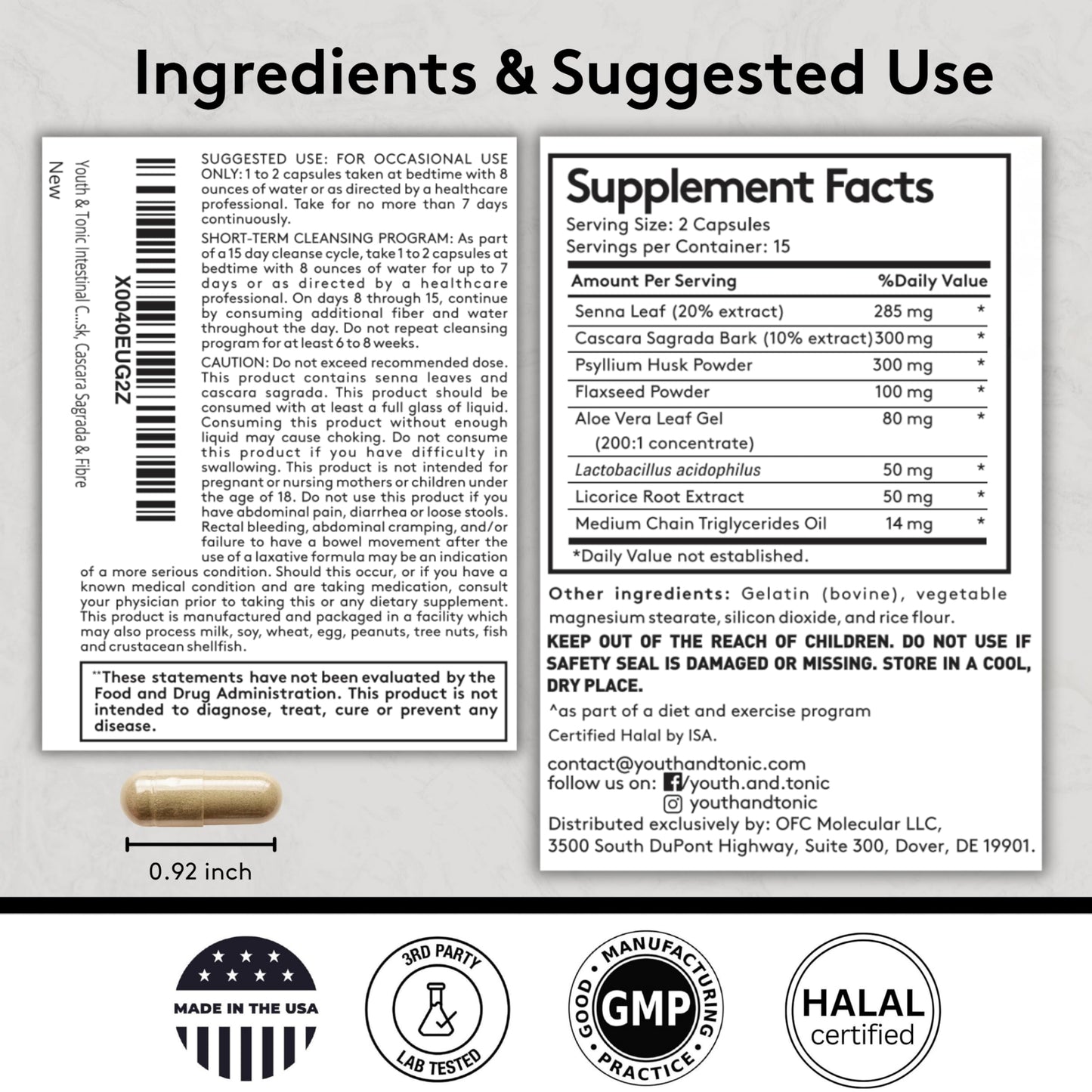 Youth & Tonic Overnight Intestinal Cleanse Supplement for Occasional Constipation Relief, Gut & Colon Cleanse Detox with Senna Leaf, Psyllium Husk Powder