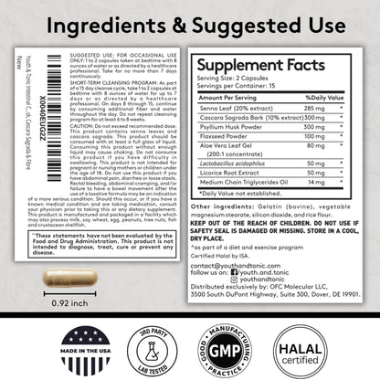 Youth & Tonic Overnight Intestinal Cleanse Supplement for Occasional Constipation Relief, Gut & Colon Cleanse Detox with Senna Leaf, Psyllium Husk Powder