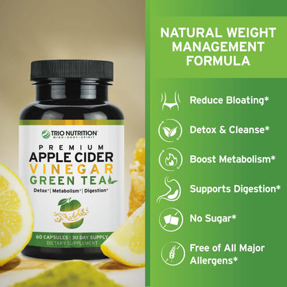 TRIO NUTRITION Apple Cider Vinegar Capsules with Green Tea - Natural Sugar Free Apple Cider Vinegar Pills with the Mother for Body Cleanse, Immune