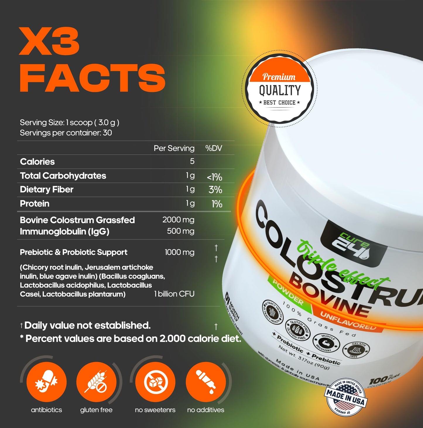 Cure24 Bovine Colostrum X3 Supplement Powder for Humans, 100% Pure Whole Natural Grass Fed Superfood, High IgG, Plus Probiotic