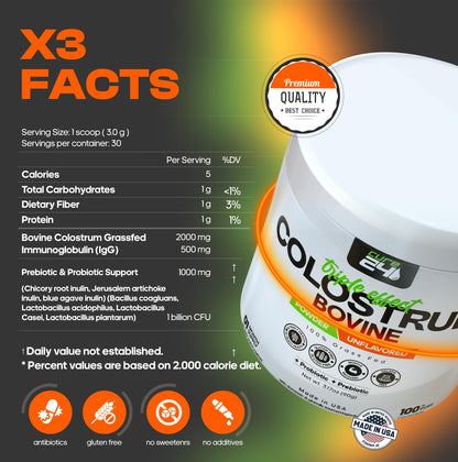 Cure24 Bovine Colostrum X3 Supplement Powder for Humans, 100% Pure Whole Natural Grass Fed Superfood, High IgG, Plus Probiotic