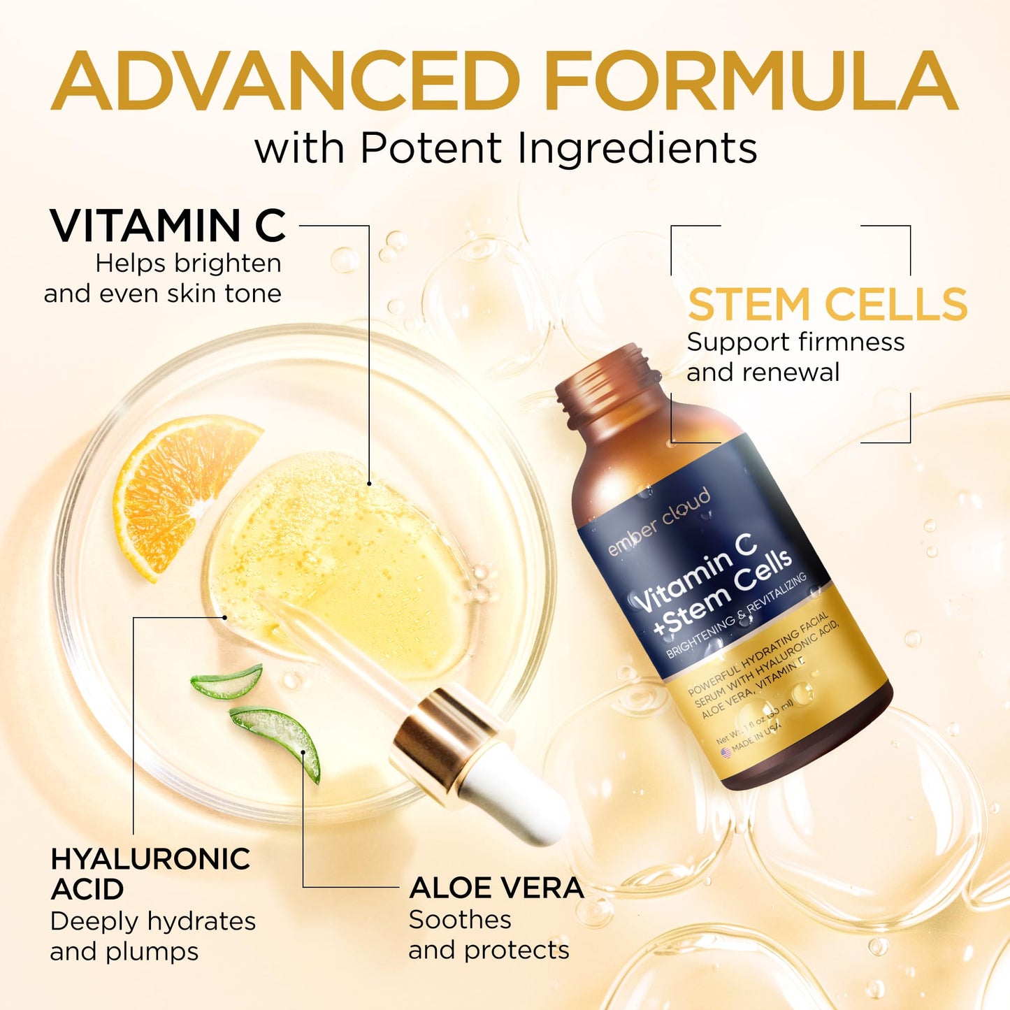 Vitamin C Serum for Face with Stem Cells Hyaluronic Acid Vitamin E Aloe Vera Anti-Aging Face Serum Supports Skin Health