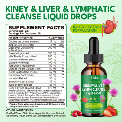 24-in-1 Kidney & Liver, Lymph Cleanse Detox & Repair Drops, Three Immune Formula with Cranberry, Milk Thistle, Vegan Urinary Tract & Lymphatic Drainage