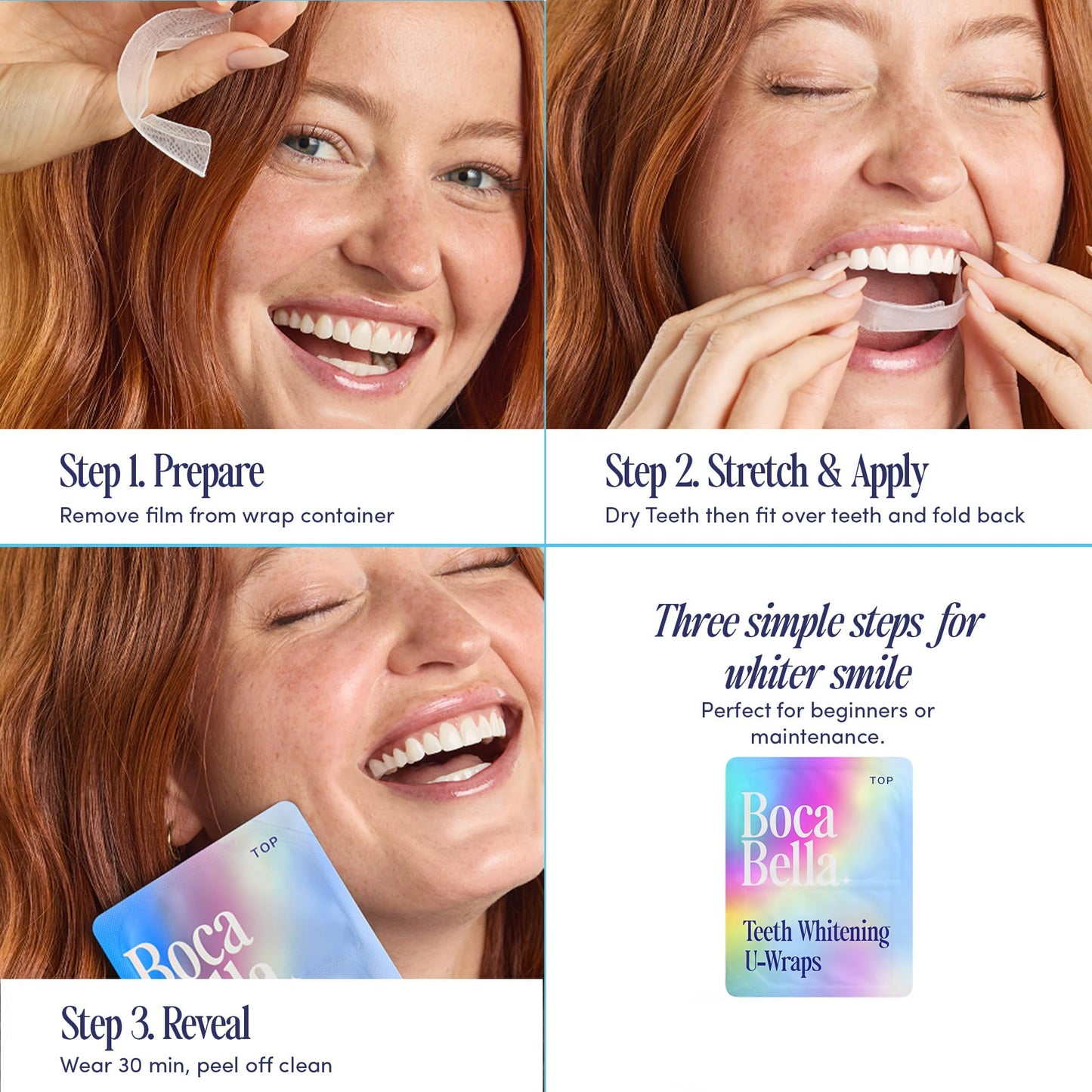 BocaBella Teeth Whitening Trays U-Wraps - 15% Hydrogen Peroxide Whitening Strips & Tray Alternative - Nano-Hydroxyapatite Enamel Safe - 10 Treatments