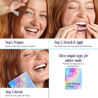BocaBella Teeth Whitening Trays U-Wraps - 15% Hydrogen Peroxide Whitening Strips & Tray Alternative - Nano-Hydroxyapatite Enamel Safe - 10 Treatments