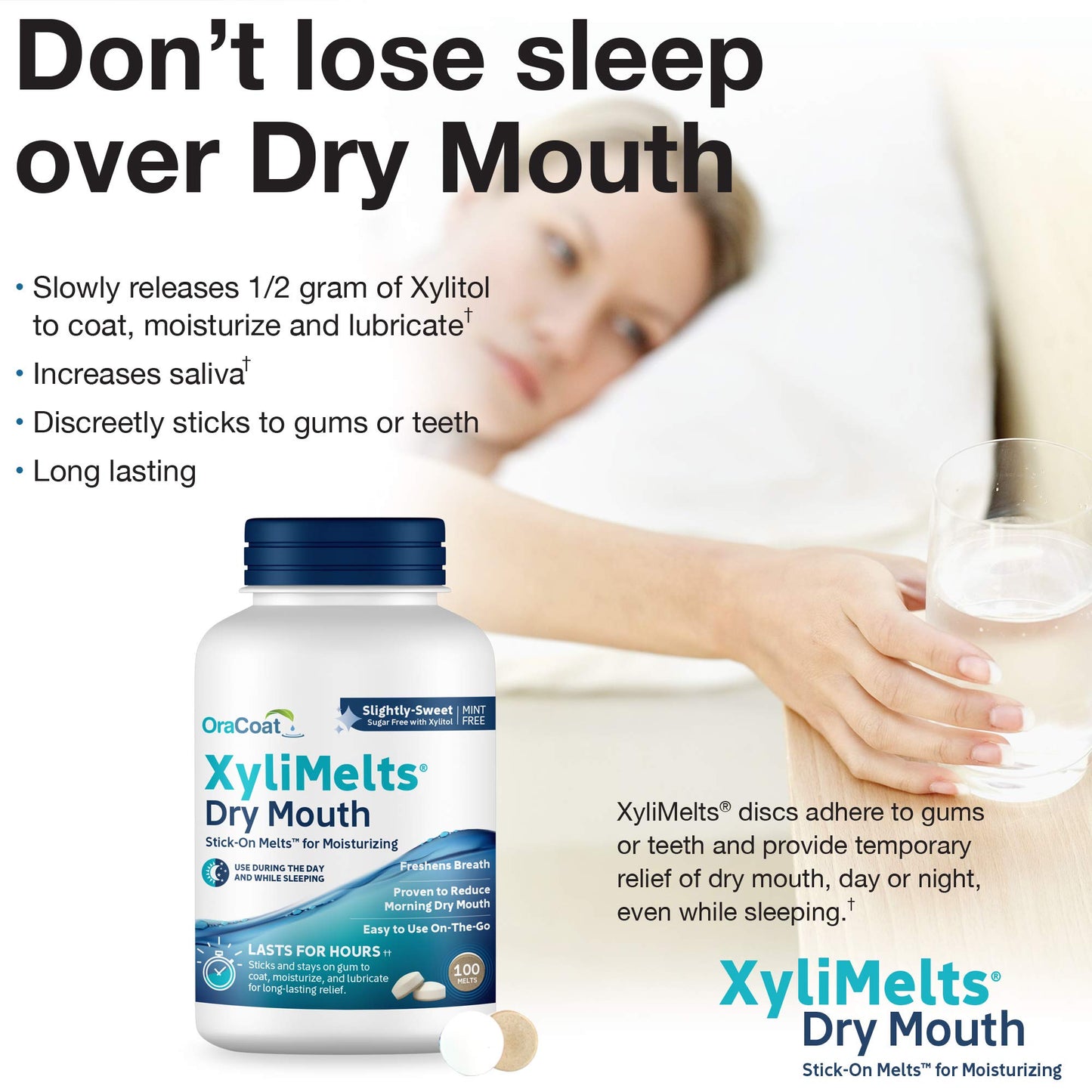 Oracoat XyliMelts for Dry Mouth Night Time or Day - Moisturizing Dry Mouth Adhering Discs, Sugar Free with Xylitol, 100 Count,