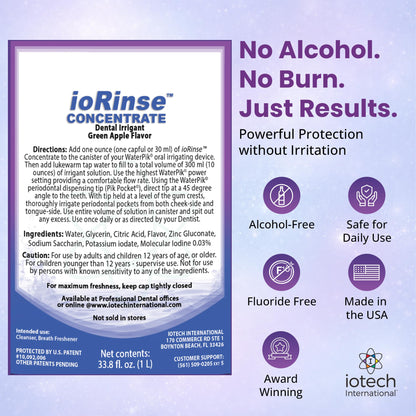ioRinse Concentrated Irrigant with Active Molecular Iodine, Alcohol-Free Dental Irrigant, for use with Waterpik Water Flossers