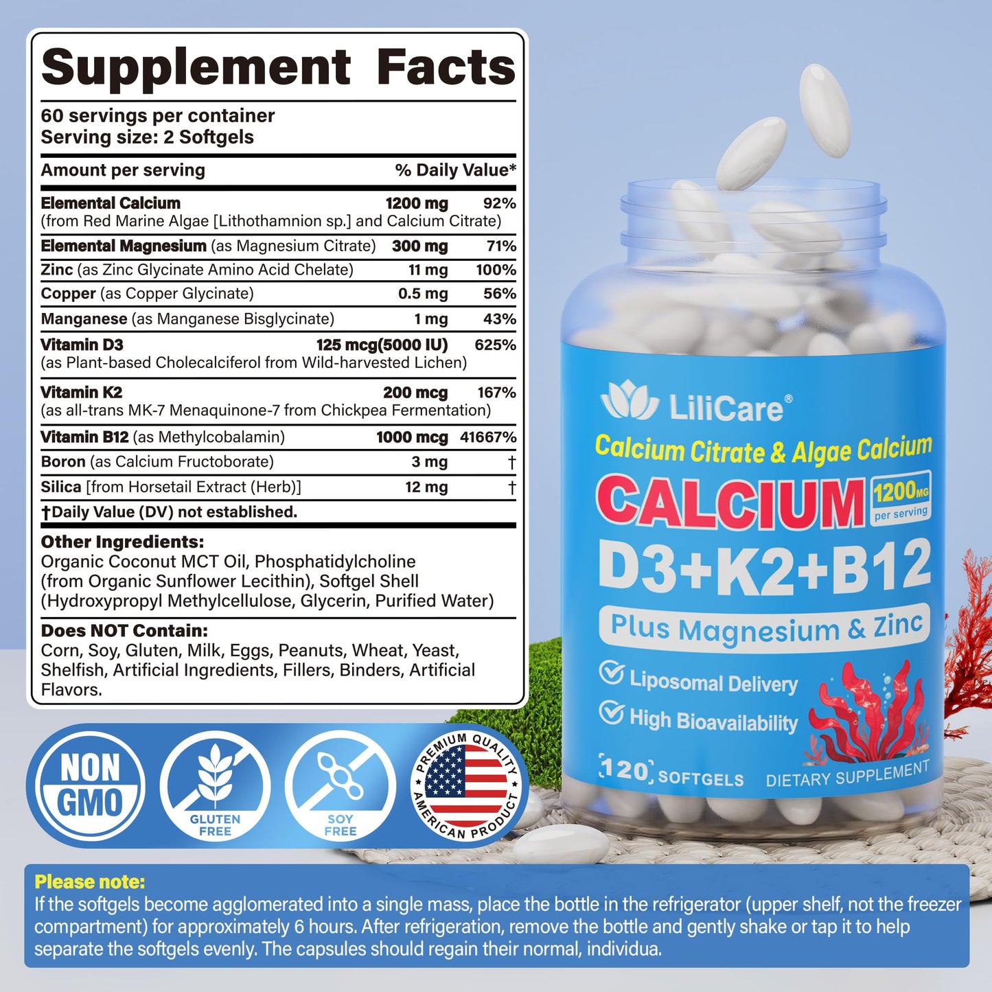 Calcium 1200 mg with Vitamin D3 K2 5000 IU Softgels Supplement for Women Men - Liposomal Calcium Citrate & Algae Calcium Magnesium Zinc + D3 K2 B12