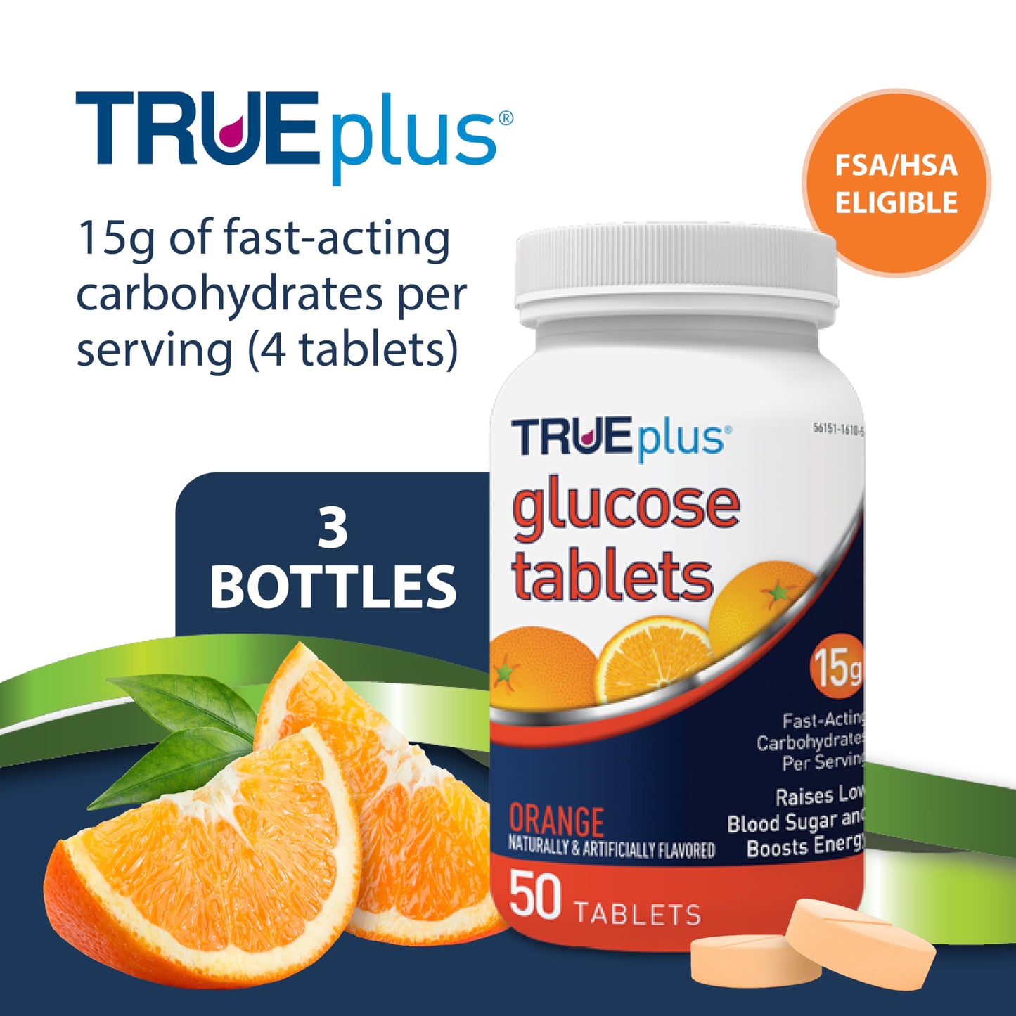 TRUEplus Glucose Tablets, Chewable, Orange Flavor, 15g Fast-Acting Carbohydrates, Fat Free, Gluten Free, Boost Energy, 50 Count, 3 Bottles