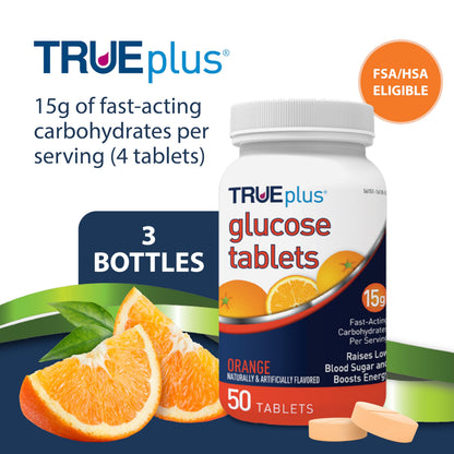 TRUEplus Glucose Tablets, Chewable, Orange Flavor, 15g Fast-Acting Carbohydrates, Fat Free, Gluten Free, Boost Energy, 50 Count, 3 Bottles