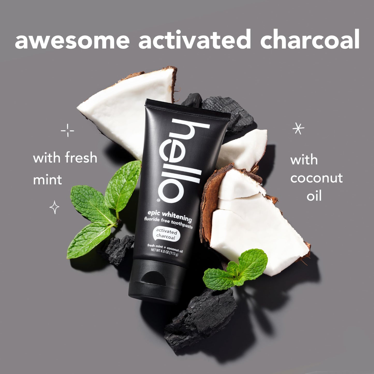 hello Epic Whitening Charcoal Fluoride Free Toothpaste, Activated Charcoal Toothpaste with Coconut Oil, Whitens Teeth Naturally, SLS Free