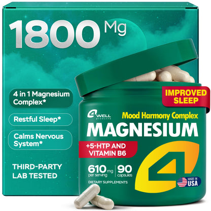 Supplement packaging with magnesium and 5-HTP, featuring a green color scheme and text highlighting benefits.
