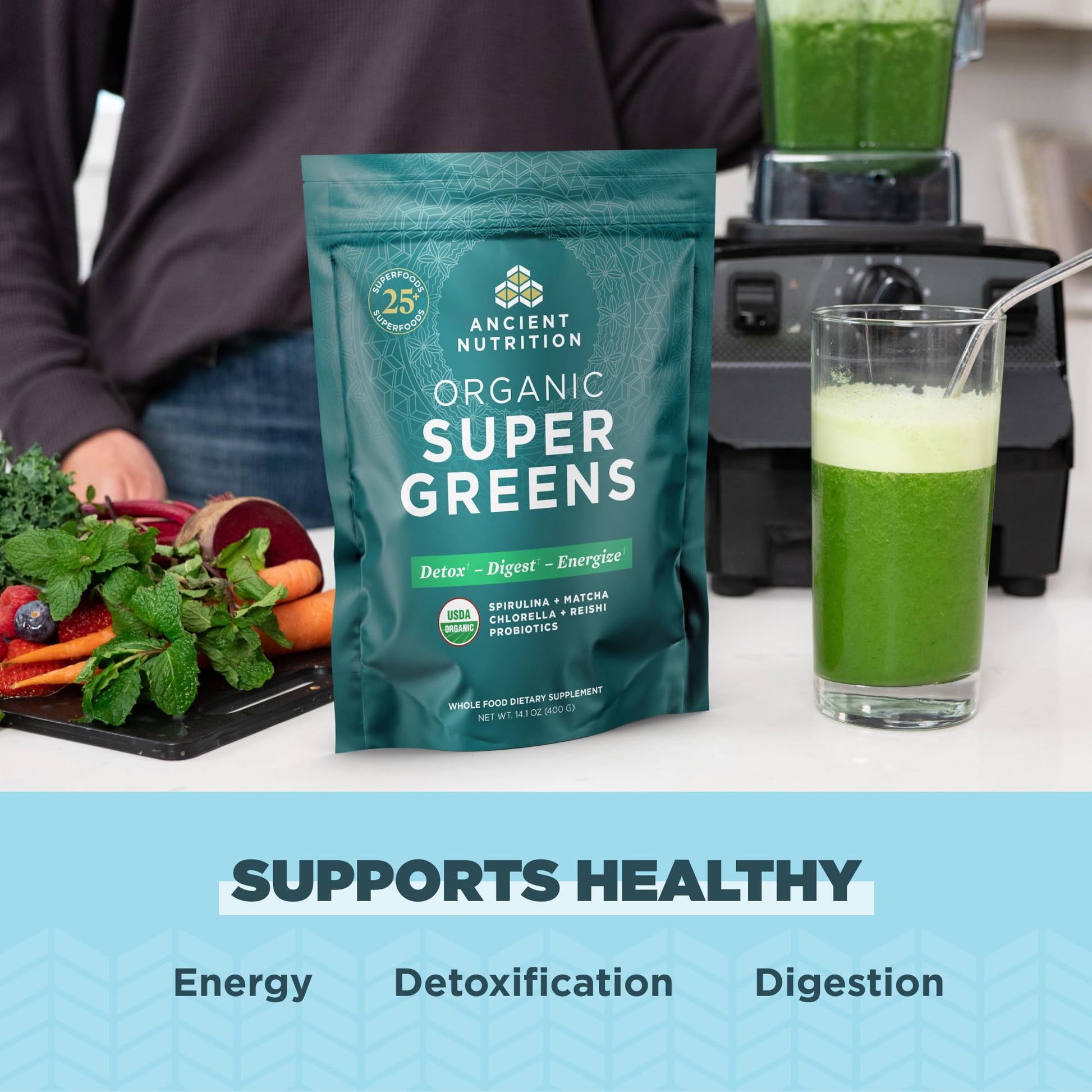 Ancient Nutrition Super Greens Powder, Organic Superfood Powder with Probiotics Made with Spirulina, Chlorella, Matcha, and Digestive Enzymes, 50 Servings, 14.1 oz Ancient NutritionBuy Supplements Australia