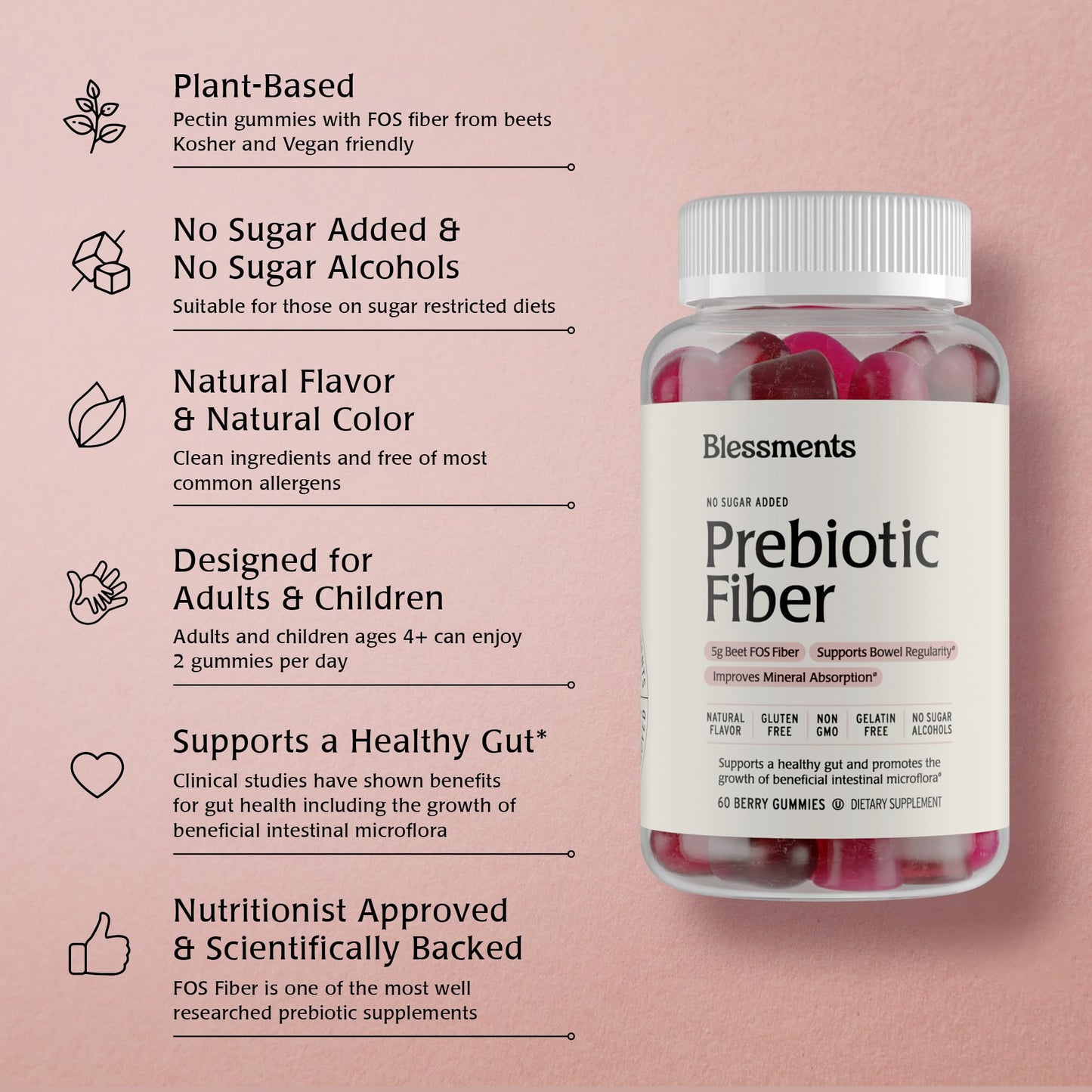 Blessments - Prebiotic Fiber Gummies for Adults & Kids with No Added Sugar- 5g (60 Count-2 Pack) High Fiber Supplement Gummies - Vegan - Keto Friendly