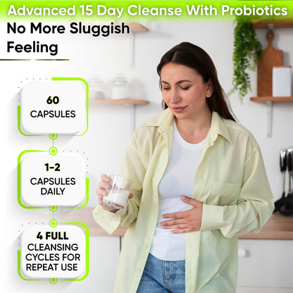 15 Day Gut Cleanse Detox for Women & Men - Advanced 15 Days Colon Cleanse with Probiotics and Psyllium Husk for Constipation Relief, Digestive Health,