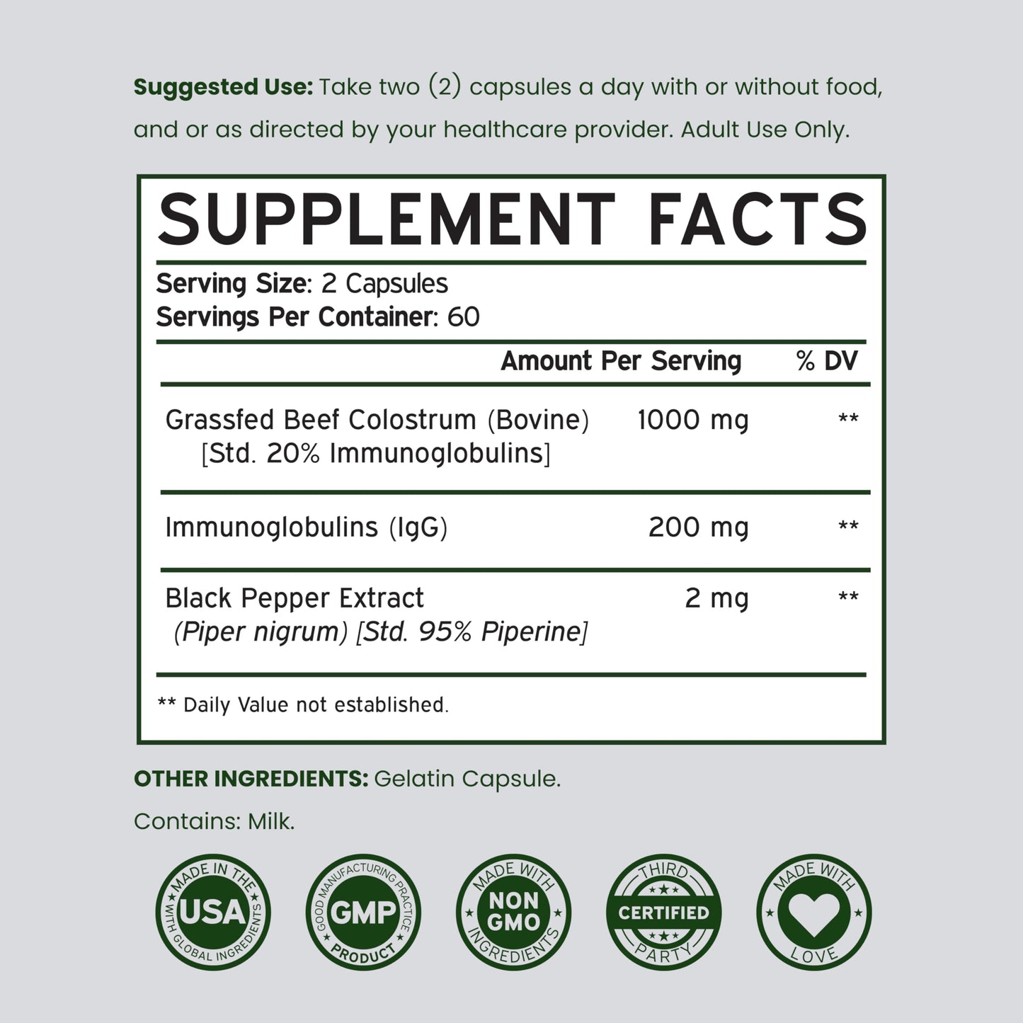 Colostrum Supplement (120 Count) 1000mg Per Serving (Bovine Colostrum Capsules from First Milking Only, Std. to Contain 20% IgG Immunoglobulins) - Grass Fed, No Fillers,