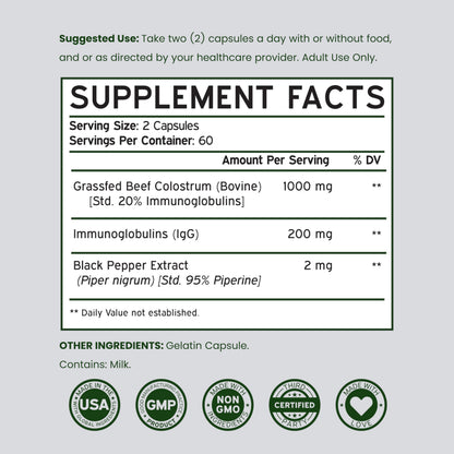 Colostrum Supplement (120 Count) 1000mg Per Serving (Bovine Colostrum Capsules from First Milking Only, Std. to Contain 20% IgG Immunoglobulins) - Grass Fed, No Fillers,