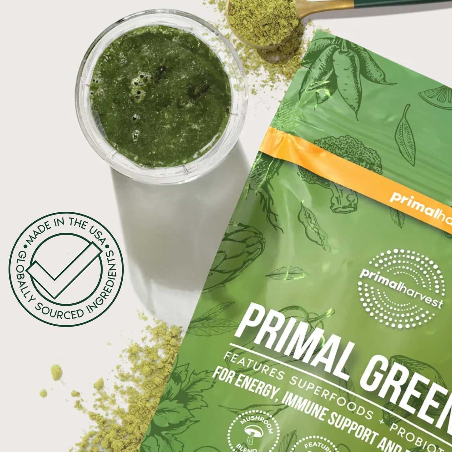 Primal Harvest Super Greens Powder, 30 Servings w/+50 Greens Superfood Chlorella, Probiotics, Green Tea, Wheatgrass,