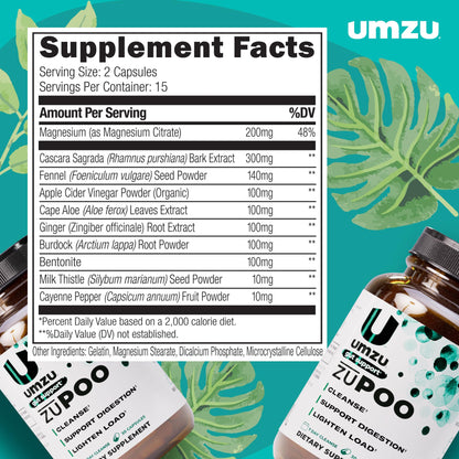 UMZU zuPOO Gut Cleanse Detox, 30 Capsules – 7-Day Natural Colon Cleanse with Cascara Sagrada & Magnesium Citrate – Vegan, Non-GMO