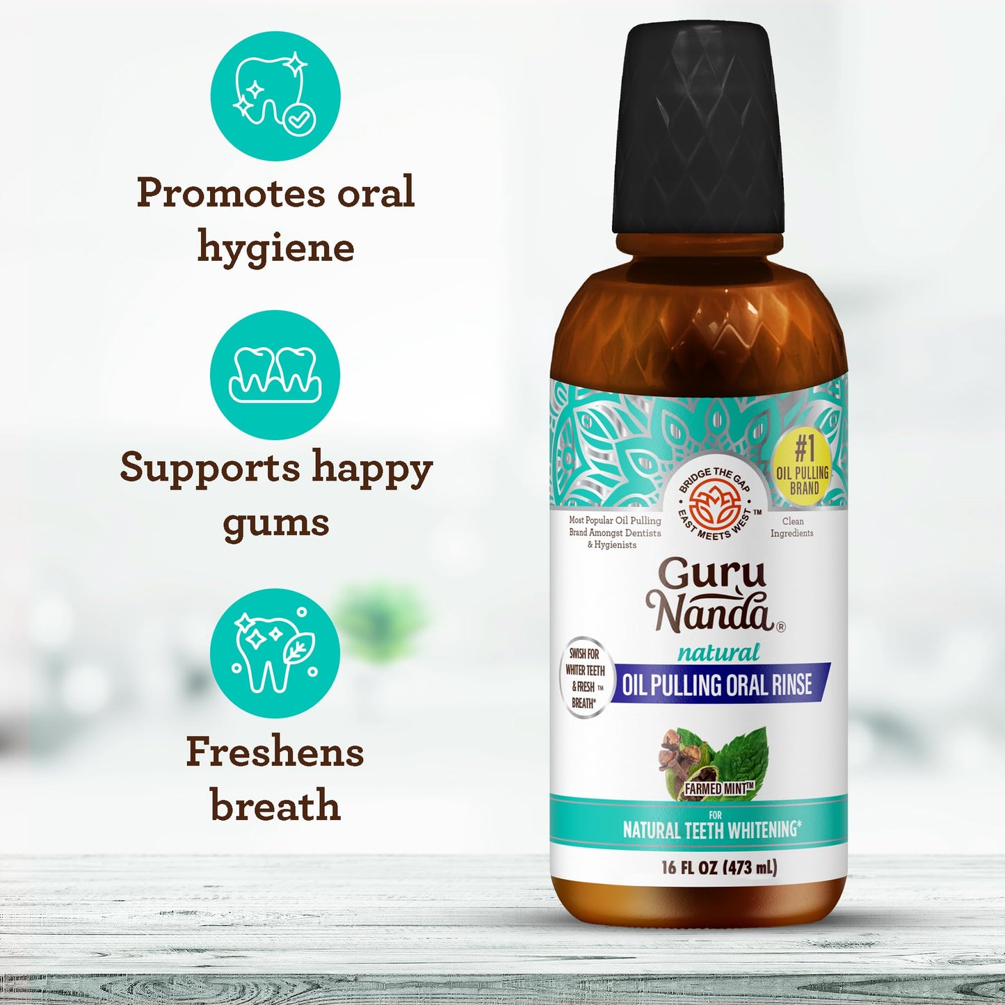 GuruNanda Farmed Mint Oil Pulling Mouthwash for Complete Oral Hygiene, 7 Essential Oils & Vitamins for Happy Teeth & Gums
