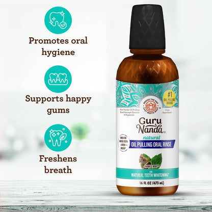 GuruNanda Farmed Mint Oil Pulling Mouthwash for Complete Oral Hygiene, 7 Essential Oils & Vitamins for Happy Teeth & Gums