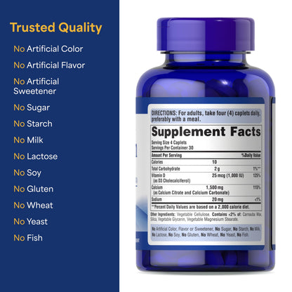 Puritan's Pride Absorbable Calcium 1500 mg Plus Vitamin D3 25mcg 1000 IU, Dietary Supplement for Bone Strength, Heart, Nerve, Muscle