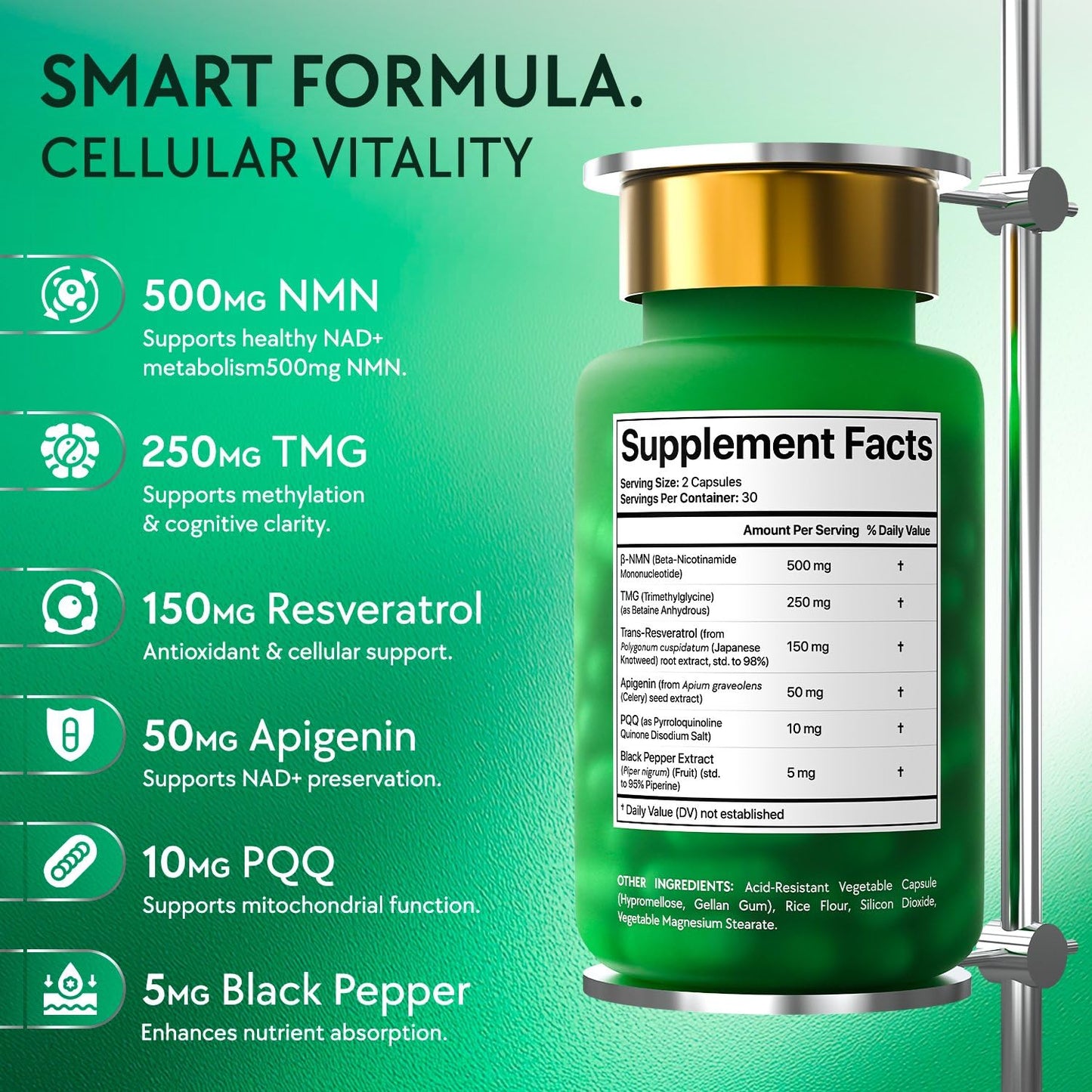 NMN Supplement 500mg - NAD Supplement with Resveratrol, TMG, Apigenin, PQQ, and Black Pepper Extract - 6-in-1 Acid-Resistant Vegan Pills Complex