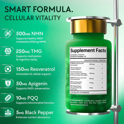 NMN Supplement 500mg - NAD Supplement with Resveratrol, TMG, Apigenin, PQQ, and Black Pepper Extract - 6-in-1 Acid-Resistant Vegan Pills Complex