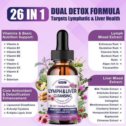 Liposomal Lymphatic Drainage Drops, 26 in 1 Liver Cleanse Detox & Repair with Milk Thistle, Echinacea, Glutathione, Vitamins, Lymph-Liver Cleanse,