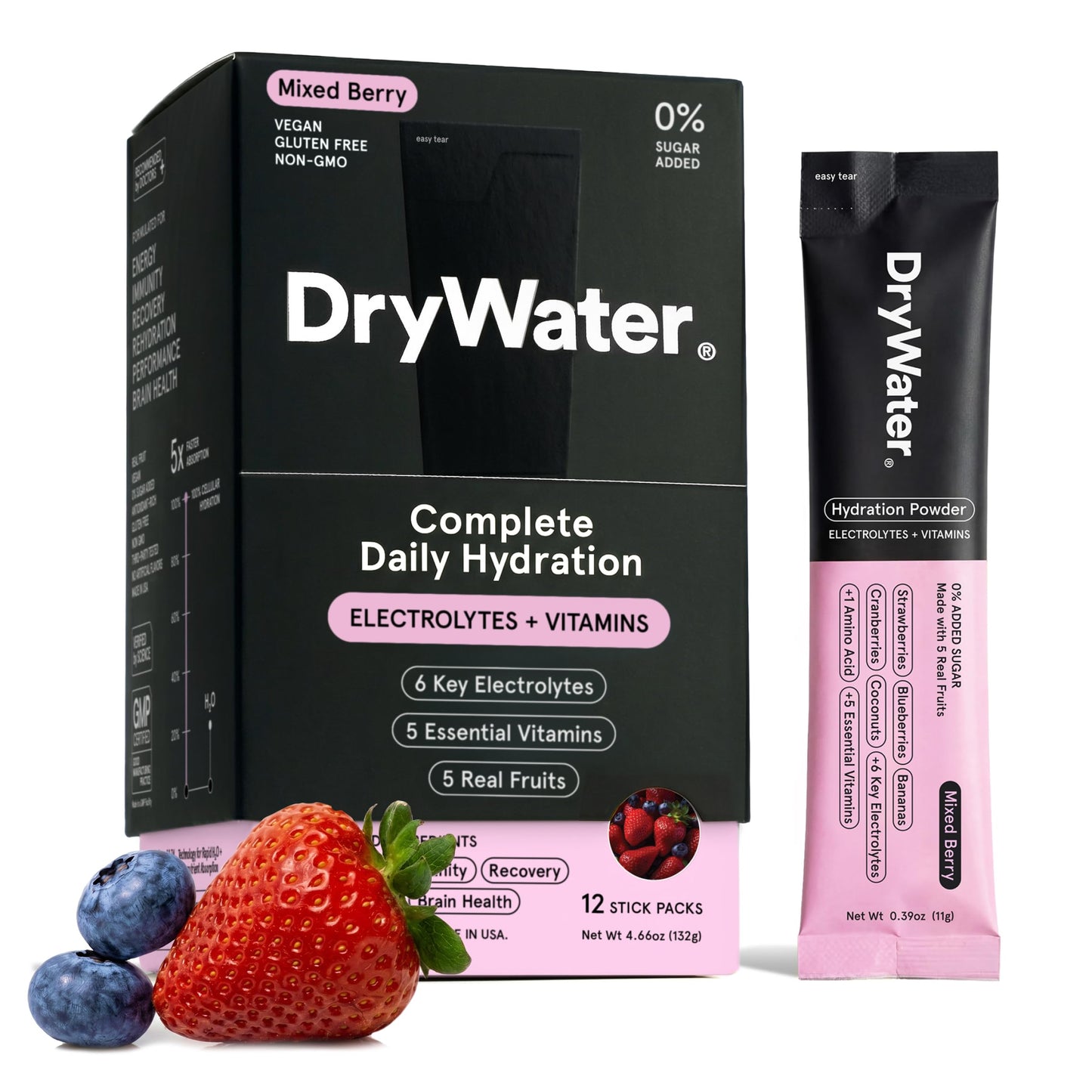 DryWater® Electrolyte + Vitamin Hydration Powder Packets – Mixed Berry, 1,000mg Potassium, Real Organic Fruit, NSF Certified for Sport,