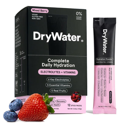 DryWater® Electrolyte + Vitamin Hydration Powder Packets – Mixed Berry, 1,000mg Potassium, Real Organic Fruit, NSF Certified for Sport,
