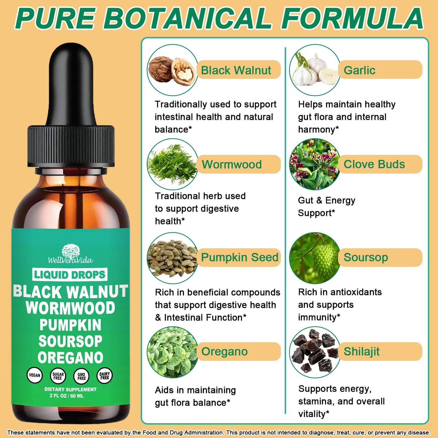 Liposomal Wormwood Black Walnut Clove Cleanse for Humans Drops, Organic 9-in-1 Herbal Extract Hull Supplement Plus Oregano, Soursop & Pumpkin Seed