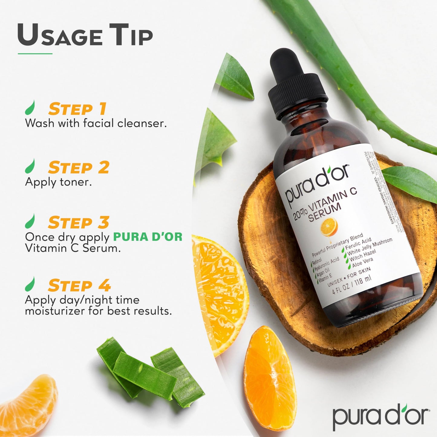 PURA D'OR 20% Vitamin C Facial Serum 4 Oz Antioxidant Blend w/Retinol, Hyaluronic Acid, Vitamin E, Ferulic Acid - Hydrating Lightweight Skincare Formula