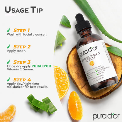 PURA D'OR 20% Vitamin C Facial Serum 4 Oz Antioxidant Blend w/Retinol, Hyaluronic Acid, Vitamin E, Ferulic Acid - Hydrating Lightweight Skincare Formula