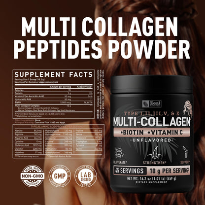 Zeal Naturals Multi Collagen Protein Peptides Powder Types I II III V X - Vitamin C, Biotin & Hyaluronic Acid - Hair, Skin & Nails - Marine, Bovine,