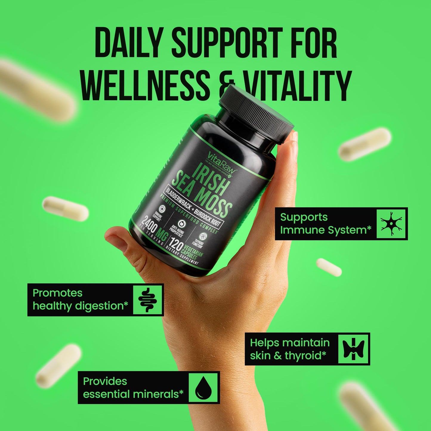 VitaRaw Organic Irish Sea Moss Capsules 2400 mg - Burdock Root and Bladderwrack Powder Real Seamoss Pills for Immune Support, Joint and Gut Health Help