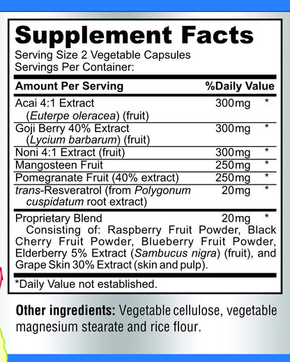 Super Antioxidant Fruit Superfood Complex - Powerful Antioxidant Superfruits, Acai, Goji, Noni, Mangosteen, Pomegranate, Elderberry, Resveratrol,