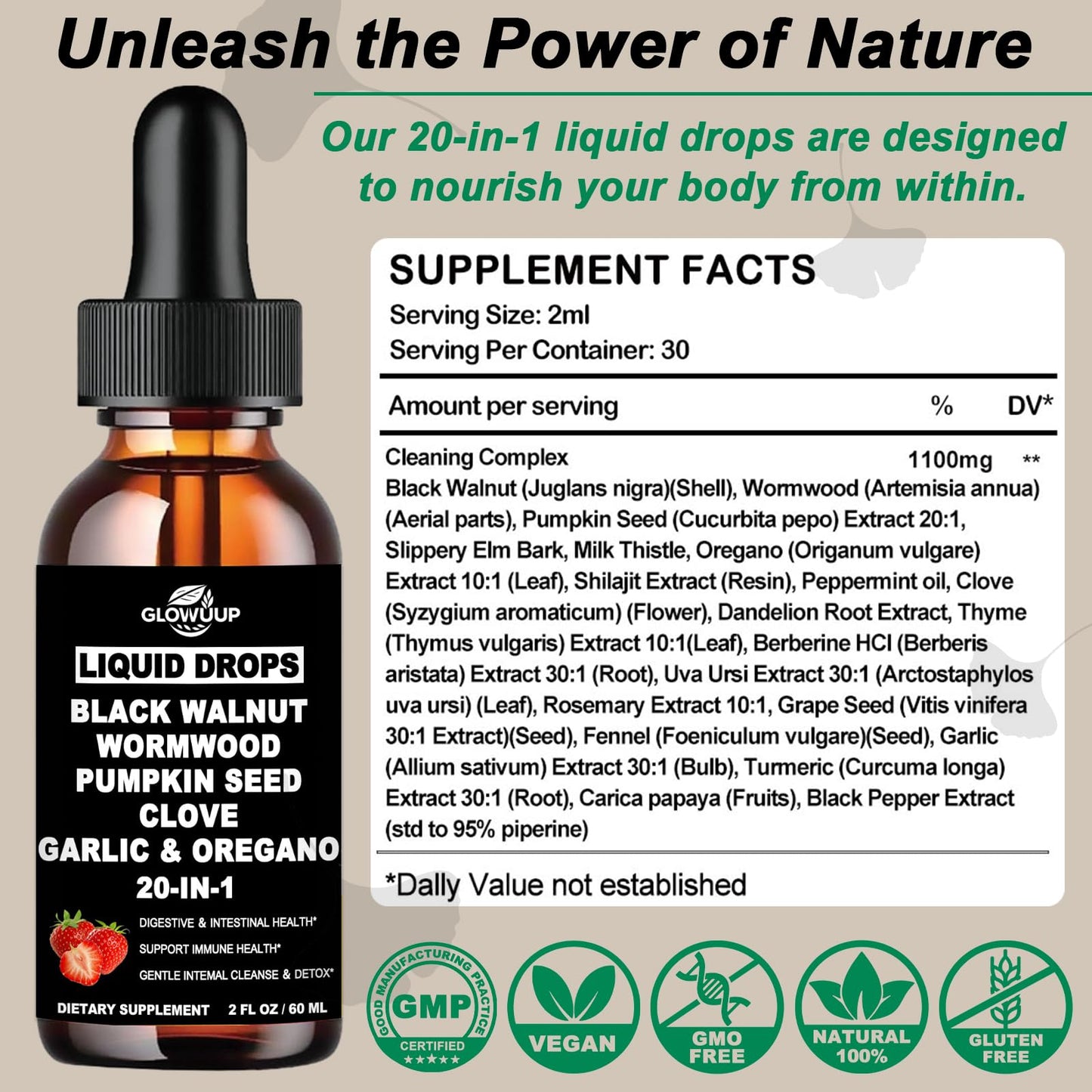 Wormwood Black Walnut Clove Cleanse for Humans Drops, Organic 20-in-1 Herbal Supplement w. Pumpkin Seeds Garlic Oregano Turmeric for Gut Cleanse & Digestive Detox,