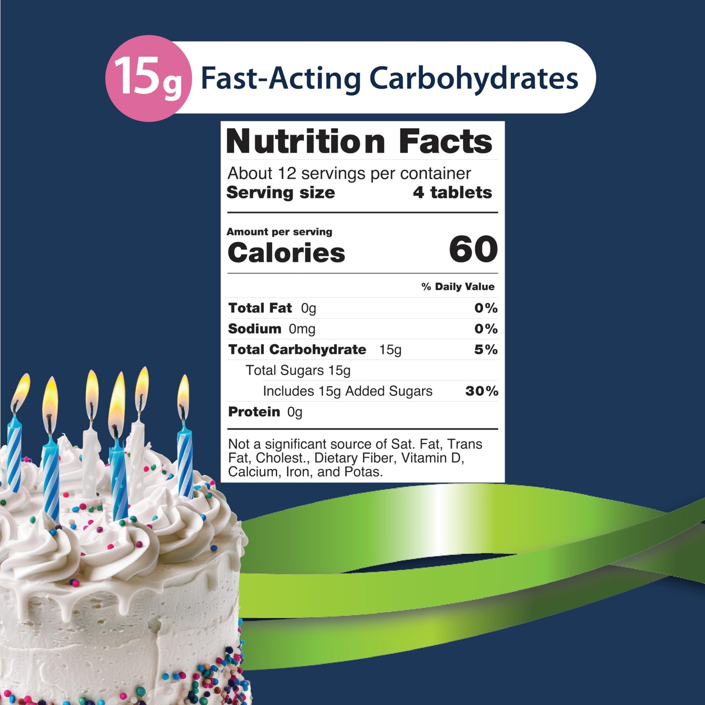 TRUEplus Glucose Tablets, Chewable, Birthday Cake Flavor, 15g Fast-Acting Carbohydrates, Dye Free, Gluten Free, No Fat, Boost Energy, 50 Count
