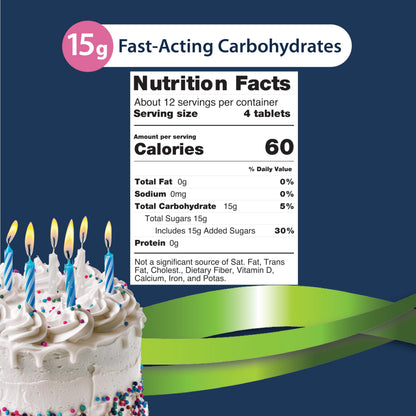 TRUEplus Glucose Tablets, Chewable, Birthday Cake Flavor, 15g Fast-Acting Carbohydrates, Dye Free, Gluten Free, No Fat, Boost Energy, 50 Count