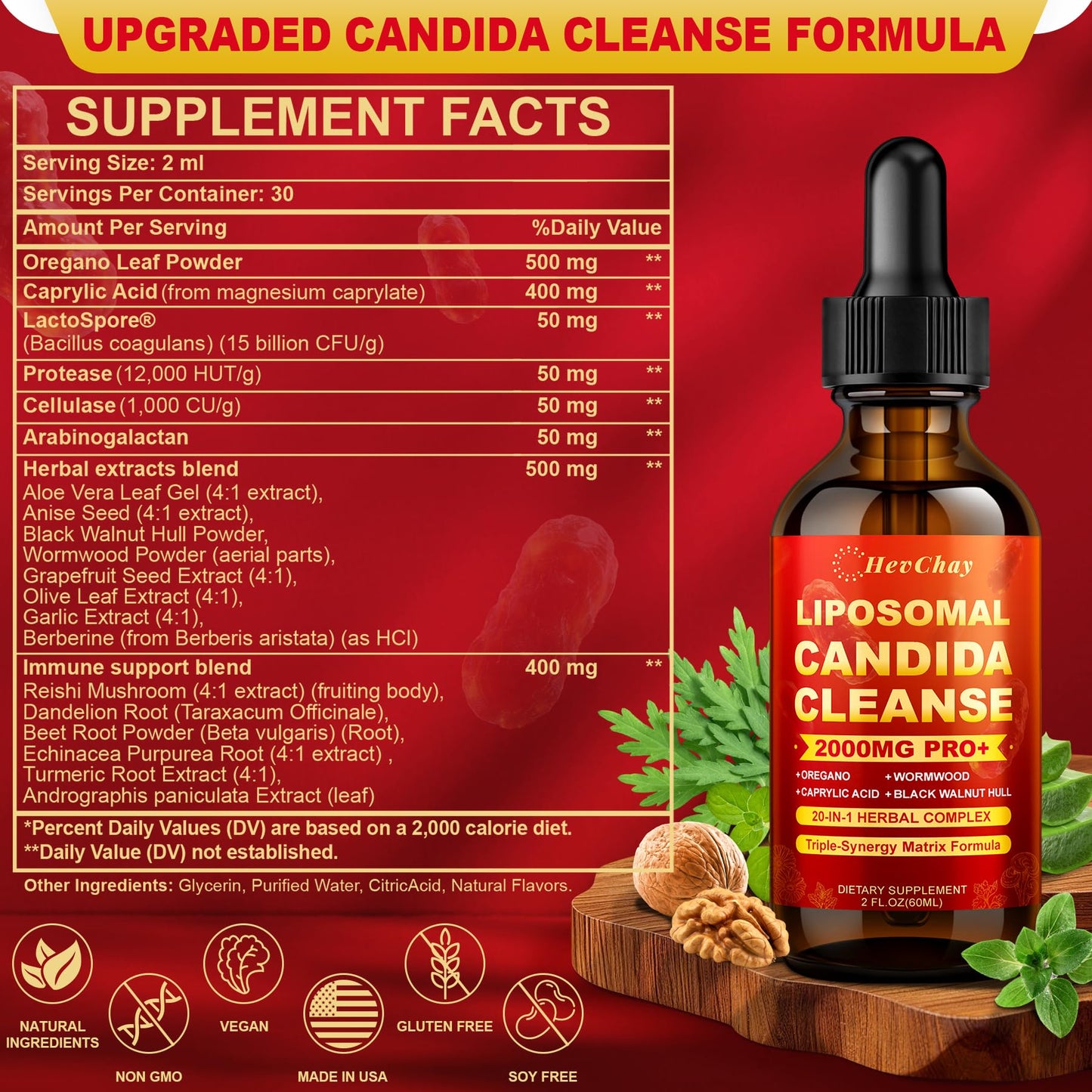 Liposomal Candida Cleanse Drops 2000mg - 20-in-1 Candida Detox for Women & Men with Caprylic Acid, Oregano, Black Walnut & Wormwood – Yeast Detox, Gut & Colon Support,