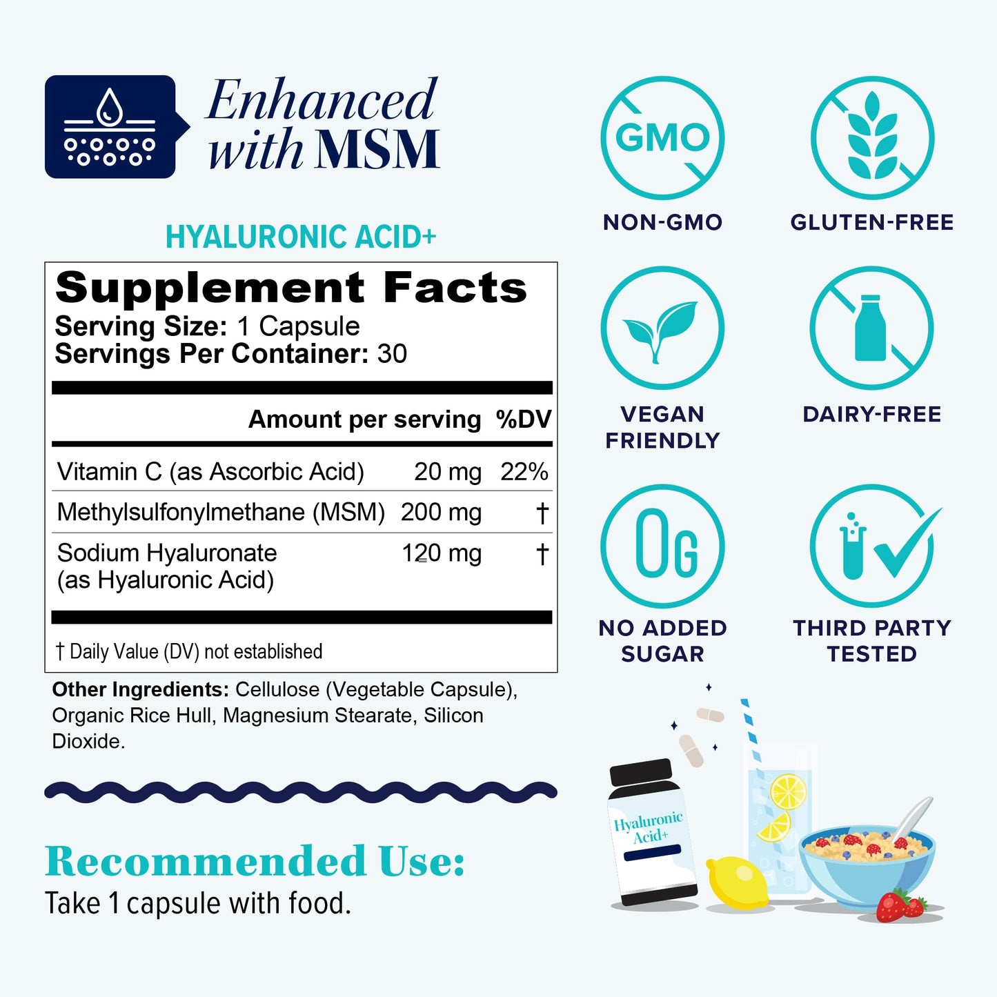 Hyaluronic Acid Capsules with MSM & Vitamin C | 120mg Sodium Hyaluronate | Skin Hydration, Elasticity & Collagen Support | Vegan, Non-GMO